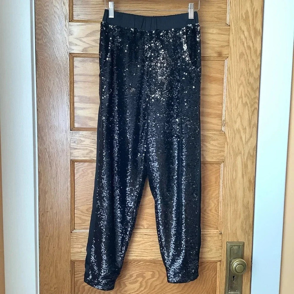 TOPSHOP Black Sequin Tuxedo Stripe Relaxed Trousers Size 4 - Picture 2 of 14
